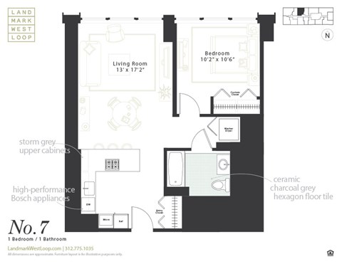 Floor plan for 1 bed, 1 bath, 701 sqft