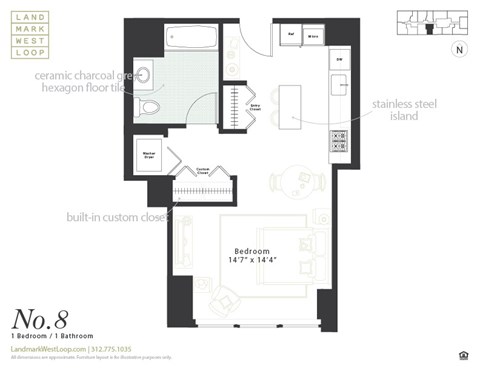 Floor plan for studio, 1 bath, 513 sqft