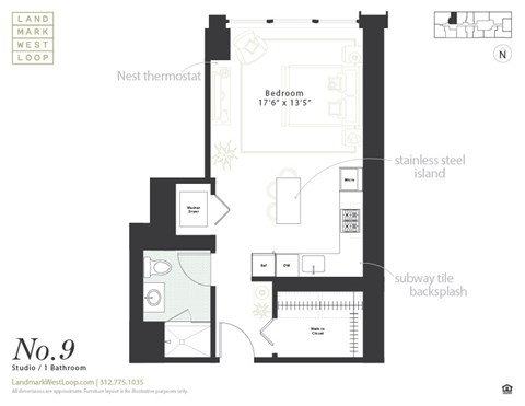 Floor plan for studio, 1 bath, 514 sqft