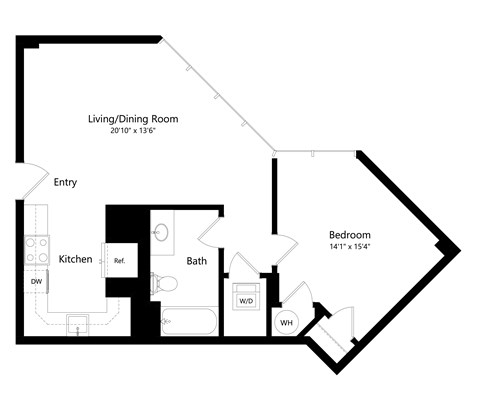 Floor plan for 1 bed, 1 bath, 638 sqft