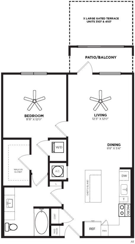 Floor plan for 1 bed, 1 bath, 800 sqft