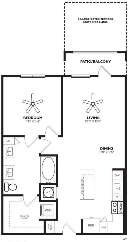Floor plan for 1 bed, 1 bath, 800 sqft