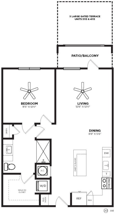 Floor plan for 1 bed, 1 bath, 804 sqft