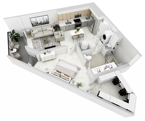 Floor plan for 1 bed, 1 bath, 715 sqft
