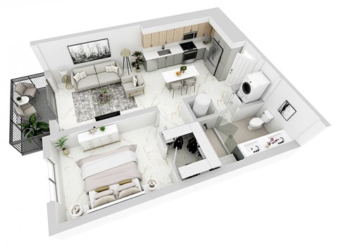 Floor plan for 1 bed, 1 bath, 731 sqft