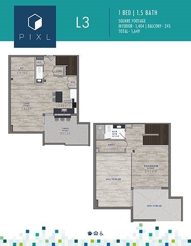 Floor plan for 1 bed, 1.5 baths, 1404 sqft