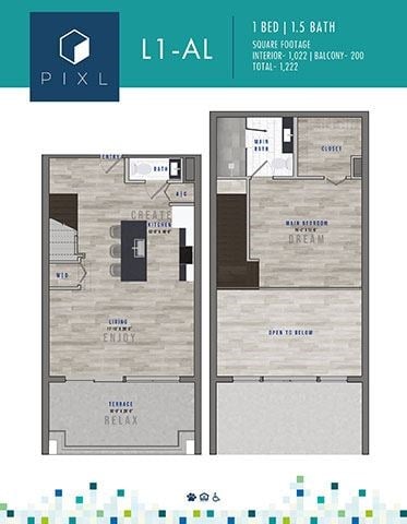 Floor plan for 1 bed, 1.5 baths, 1022 sqft