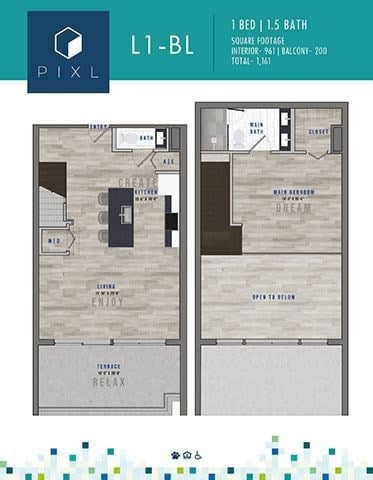 Floor plan for 1 bed, 1.5 baths, 961 sqft