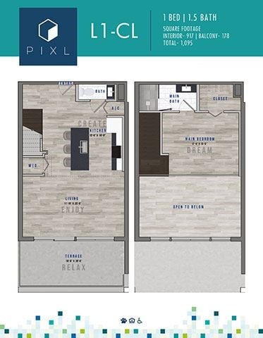Floor plan for 1 bed, 1.5 baths, 917 sqft