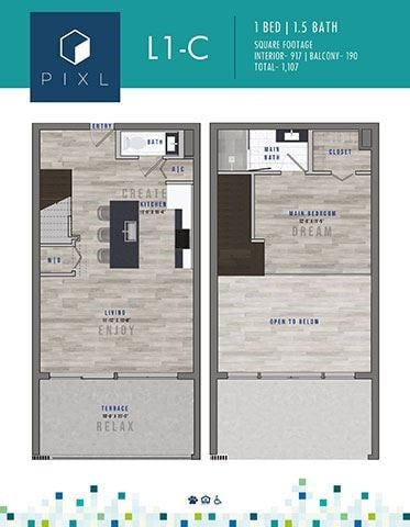 Floor plan for 1 bed, 1.5 baths, 917 sqft