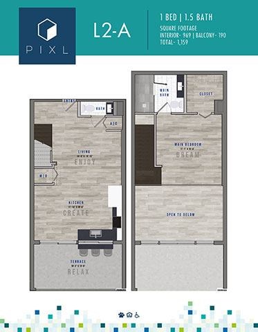Floor plan for 1 bed, 1.5 baths, 969 sqft