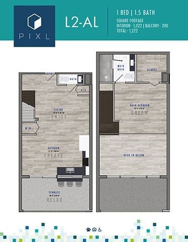 Floor plan for 1 bed, 1.5 baths, 1022 sqft