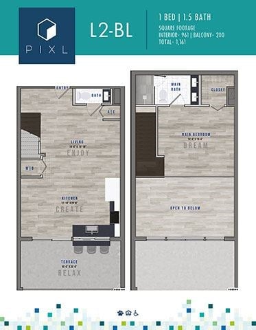 Floor plan for 1 bed, 1.5 baths, 961 sqft