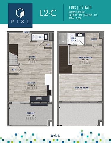 Floor plan for 1 bed, 1.5 baths, 870 sqft