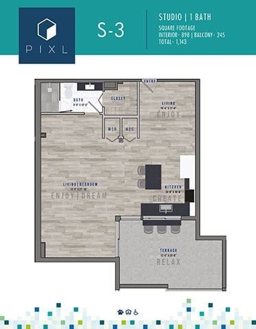 Floor plan for studio, 1 bath, 898 sqft