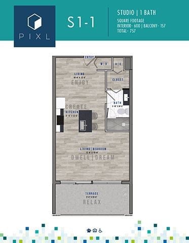 Floor plan for studio, 1 bath, 600 sqft