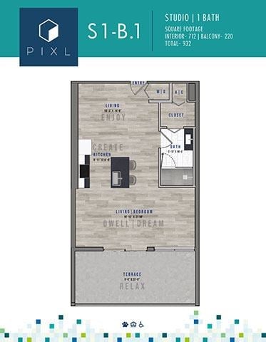 Floor plan for studio, 1 bath, 712 sqft