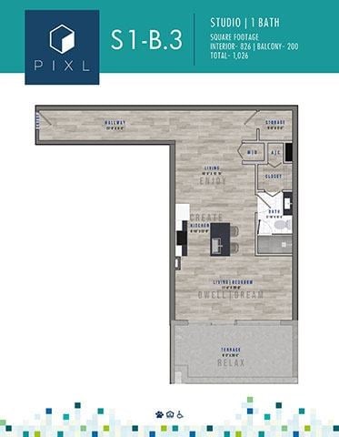Floor plan for studio, 1 bath, 826 sqft