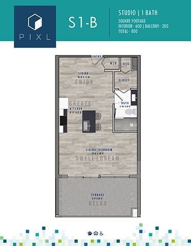 Floor plan for studio, 1 bath, 600 sqft
