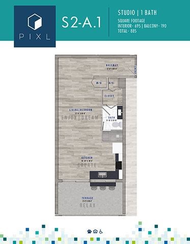 Floor plan for studio, 1 bath, 695 sqft