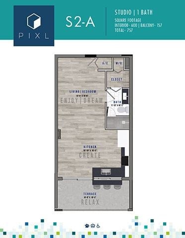 Floor plan for studio, 1 bath, 600 sqft