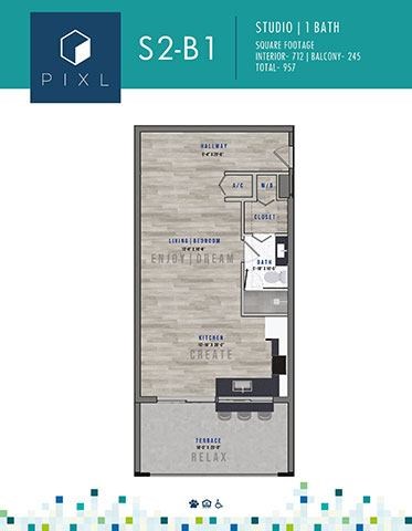 Floor plan for studio, 1 bath, 712 sqft