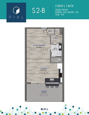 Floor plan for studio, 1 bath, 600 sqft