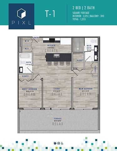 Floor plan for 2 beds, 2 baths, 1015 sqft