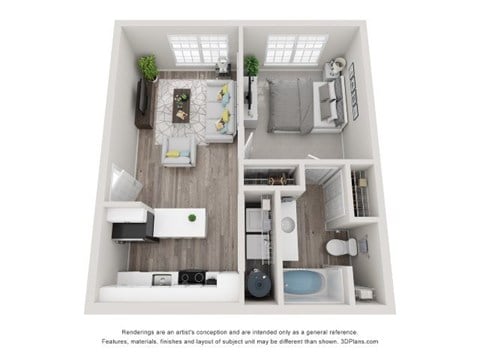 Floor plan for 1 bed, 1 bath, 579 sqft
