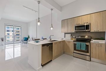 Miami apartment for rent - a kitchen with wooden cabinets and stainless steel appliances