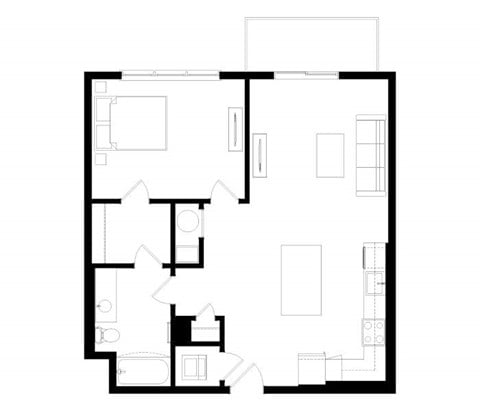 Floor plan for 1 bed, 1 bath, 843 sqft