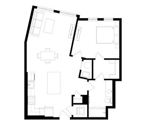 Floor plan for 1 bed, 1 bath, 827 sqft