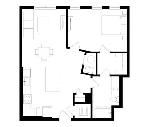 Floor plan for 1 bed, 1 bath, 796 sqft