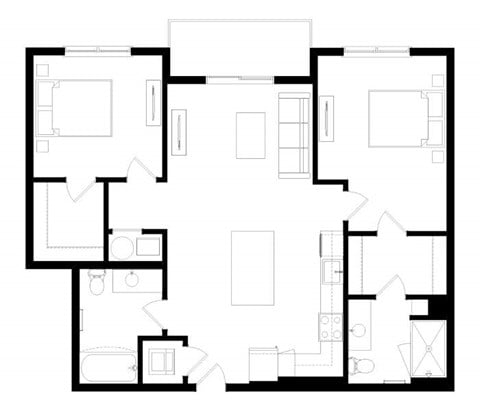 Floor plan for 2 beds, 2 baths, 995 sqft