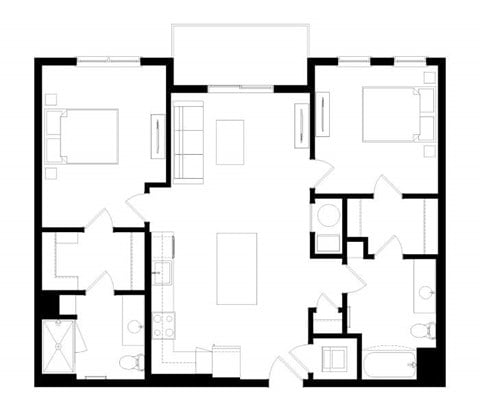 Floor plan for 2 beds, 2 baths, 1036 sqft