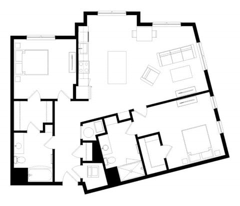 Floor plan for 2 beds, 2 baths, 1237 sqft
