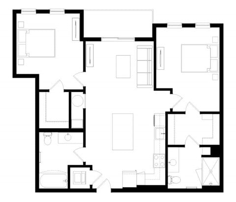 Floor plan for 2 beds, 2 baths, 988 sqft