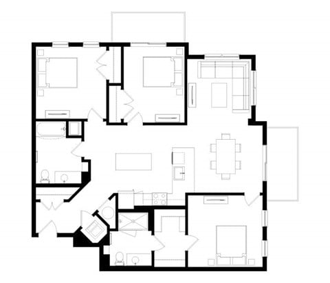 Floor plan for 3 beds, 2 baths, 1388 sqft