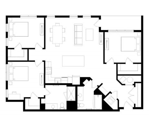 Floor plan for 3 beds, 2 baths, 1407 sqft