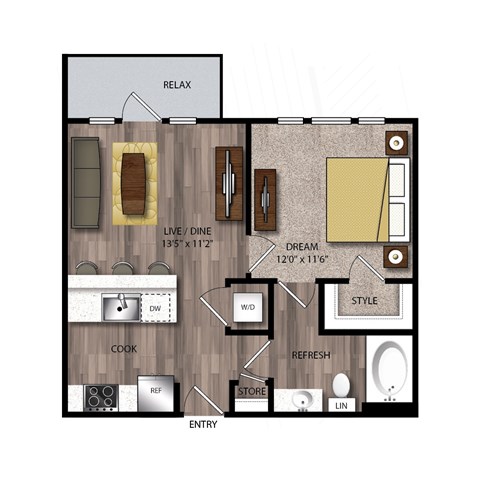 Floor plan for 1 bed, 1 bath, 597 sqft