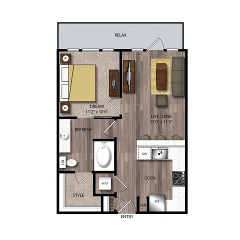 Floor plan for 1 bed, 1 bath, 643 sqft