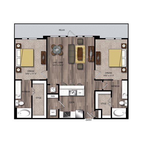 Floor plan for 2 beds, 2 baths, 1176 sqft