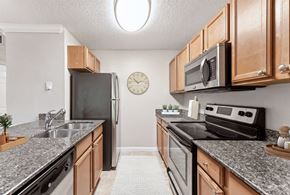 Wellington apartment for rent - A kitchen with a black refrigerator and stove, wooden cabinets, and a clock on the wall.