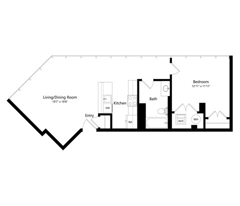 Floor plan for 1 bed, 1 bath, 710 sqft