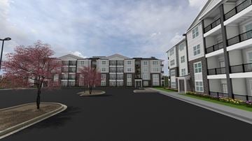 California apartment for rent - A 3D rendered image of a residential area with apartment buildings and a street.