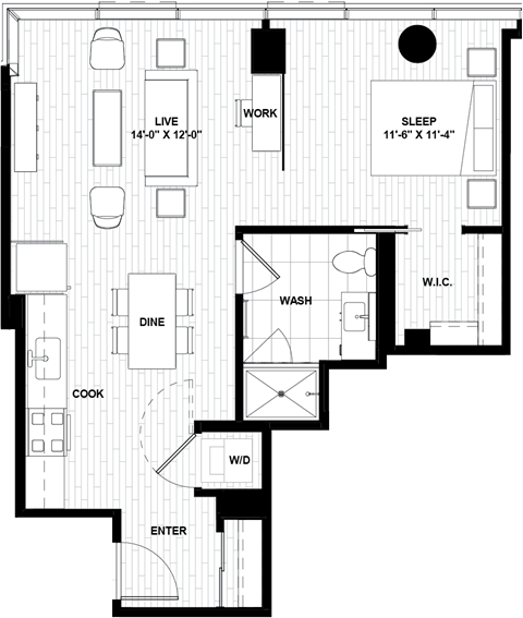 Floor plan for 1 bed, 1 bath, 658 sqft