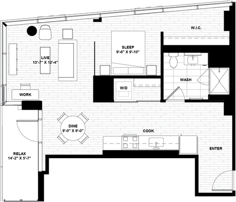 Floor plan for 1 bed, 1 bath, 731 sqft
