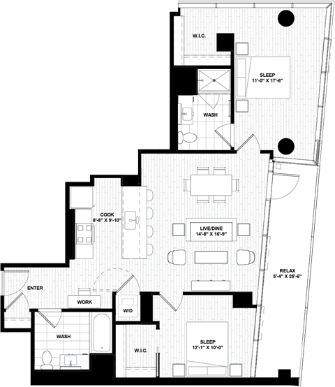 Floor plan for 2 beds, 2 baths, 1072 sqft