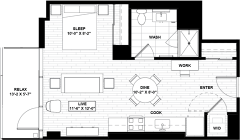 Floor plan for studio, 1 bath, 545 sqft