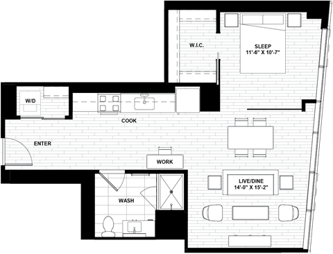 Floor plan for 1 bed, 1 bath, 699 sqft